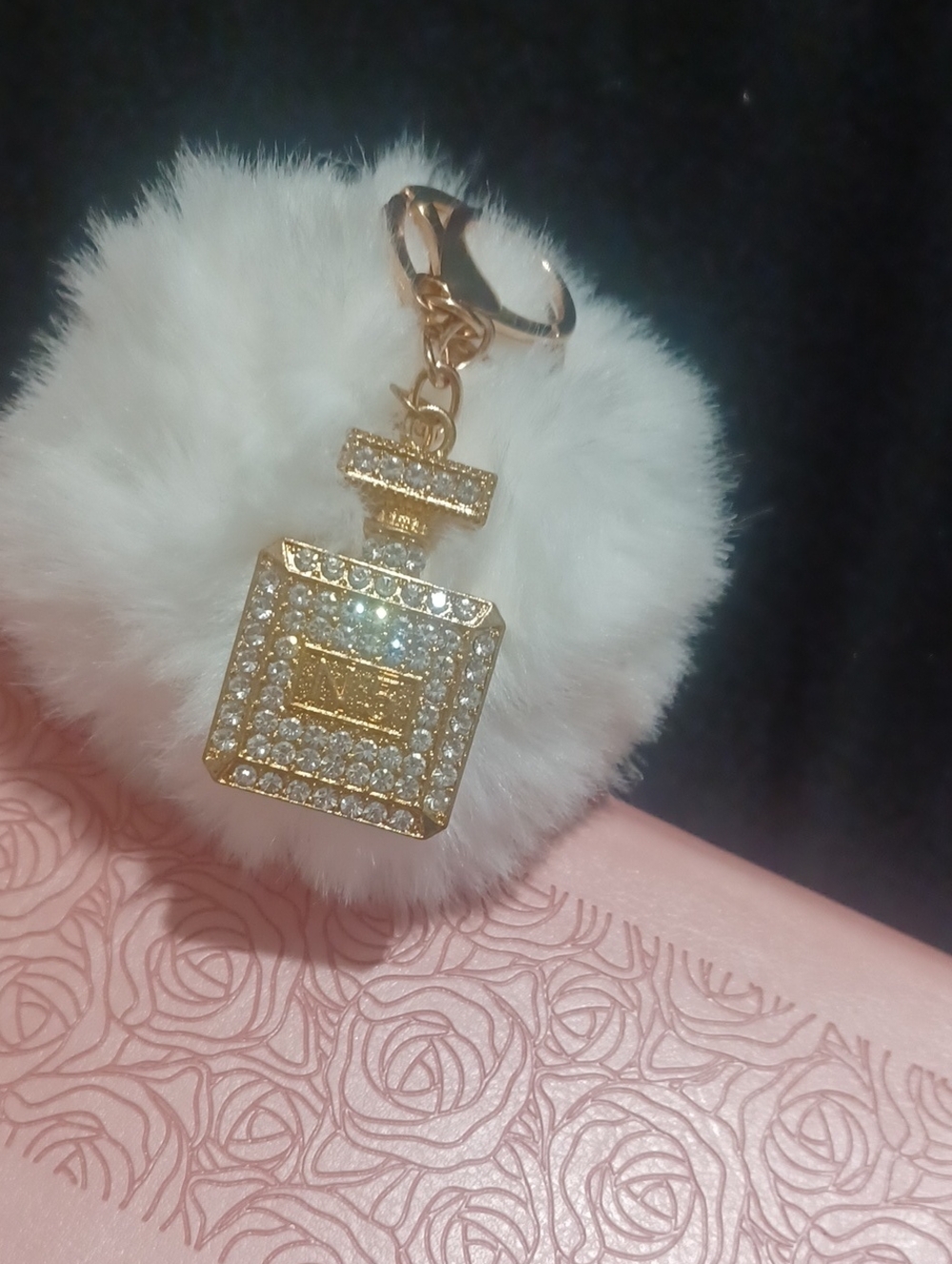 Gold Crystal Perfume Bottle Keychain with White Pom Pom
